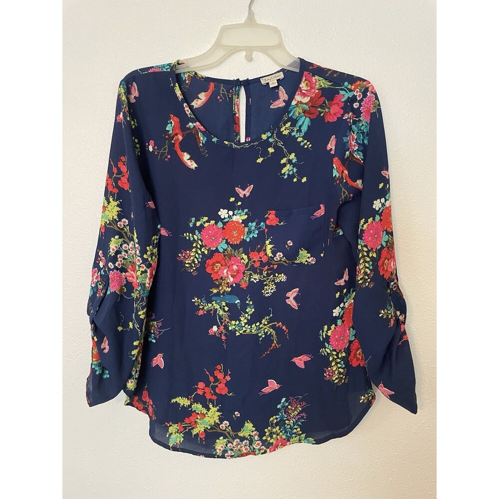 Lily White Navy Floral Blouse Women's Medium Long Sleeve Boho Cottagecore Top